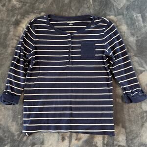 Kim Rogers Womens Medium Navy White Stripe Cotton 3/4 Sleeve Henley Top